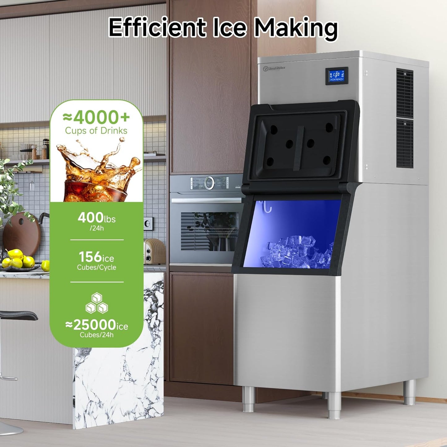 Real Relax Commercial Ice Maker Machine, 400LBS/24H ETL Approval Ice Machine, 330 lbs Ice Storage Capacity, Auto Self-Cleaning, LCD Display, with Ice Scoop for Bar Cafe Restaurant Business