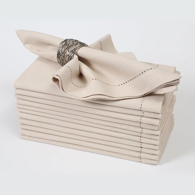 Bedding Craft Cotton Linen Cloth Dinner Napkins Set of 12 – 18x18 Flax Oatmeal Hemstitched – Machine Washable Reusable Fabric Napkins for Weddings, Parties & Events