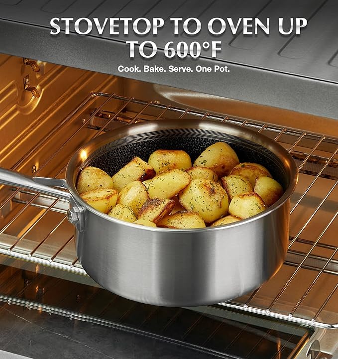 KOCH SYSTEME CS Hybrid Nonstick Stainless Steel Saucepan Set, 6-Piece Triply Stainless Steel Saucepan Set with Hybrid Honeycomb Interior, 1QT & 2QT & 3QT Sauce Pans, Induction Ready, Steel Pot Set