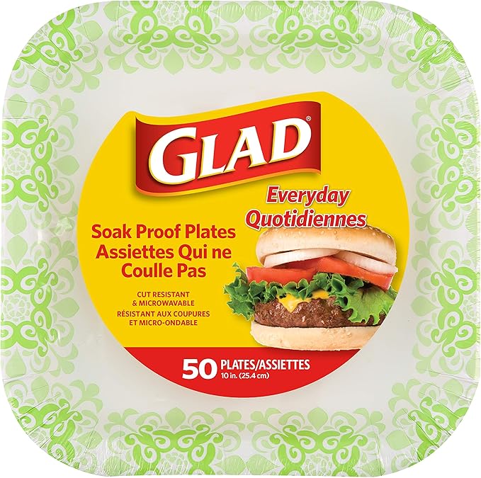 Glad Square Disposable Paper Plates for All Occasions | New & Improved Quality | Soak Proof, Cut Proof, Microwaveable Heavy Duty Disposable Plates | 10" Diameter, 50 Count Bulk Paper Plates