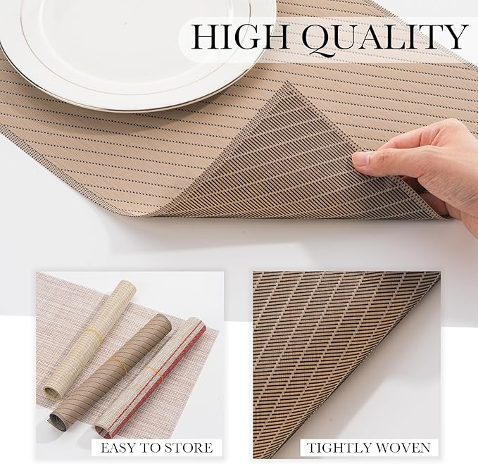 BACKTOEDEN Placemats Set of 8 Heat Resistant Washable Wipeable Placemat Woven Non-Slip Foldable Vinyl/Plastic Place Mats Indoor/Outdoor Mat Kitchen Dining Table Pad, Khaki Twill