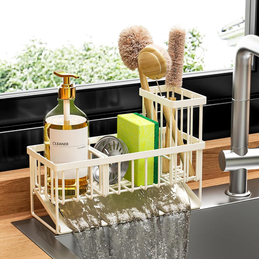 Cisily Off White Sponge Holder for Kitchen Sink, Sink Caddy Organizer with High Brush Holder, Kitchen Countertop Rustproof 304 Stainless Steel, Soap Dispenser Kitchen Organizers and Storage Essentials