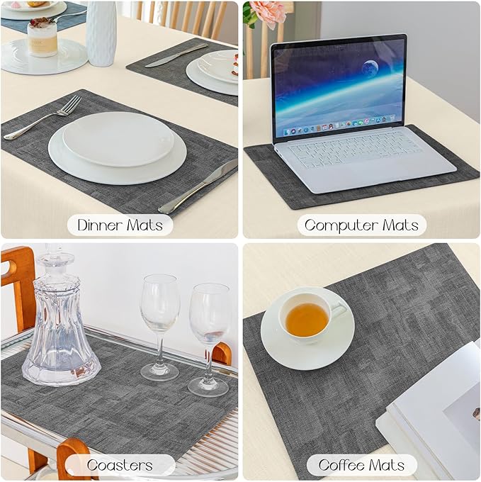 Romanstile Vinyl Placemats Set of 8-12 x 17 Inch - Heat Resistant Place Mats 100% Waterproof Oilproof Wipeable Reversible Faux Leather Table Mats for Kitchen/Dining/Party/Holiday, Dark Grey