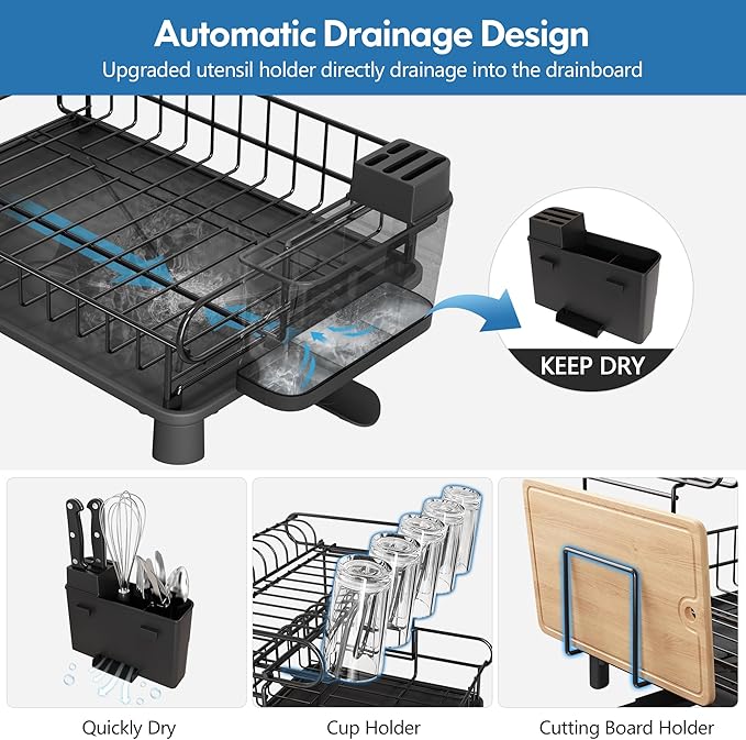 MAJALiS 2 Tier Black Large Stainless Steel Dish Drainers Drying Rack for Kitchen Counter with Drainboard, Rust Proof Metal, Space Saving, Modern Aesthetic, Compact Plates Strainers