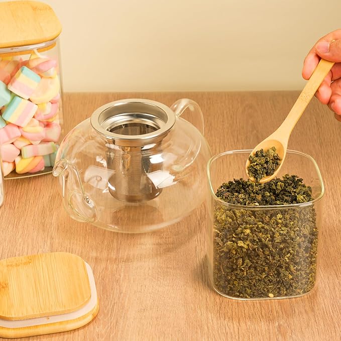 5 Set Glass Jars with Bamboo Lids, Square Food Storage Containers, Glass Pantry Storage Containers with Lids for Pasta, Cereal, Flour, Sugar