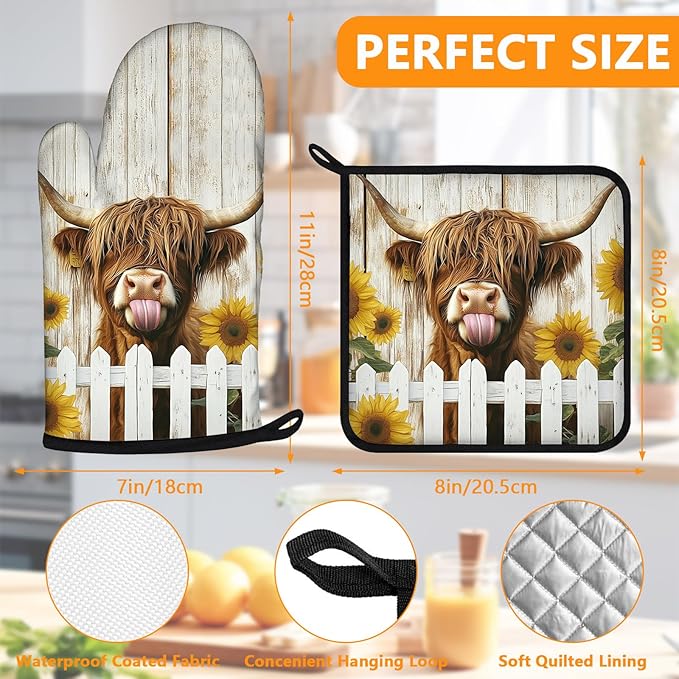 Sunflower Highland Cow Oven Mitts and Pot Holders Sets 4Pcs,Extra Long Oven Gloves Potholder for Kitchen Cooking Baking BBQ 100% Cotton Heat Resistant