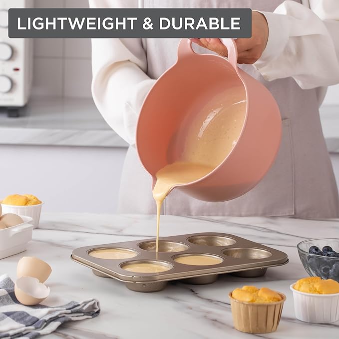 COOK WITH COLOR Nesting Plastic Mixing Bowl Set with Pour Spouts and Handles, Pink, 6 Piece Non-Slip