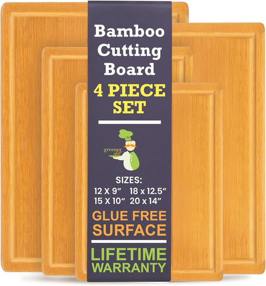 Extra Large Bamboo Cutting Board Set of 4 – Wood Cutting Boards for Kitchen with Glue-Free Surface™ & Juice Groove – Non-Toxic Wooden Chopping Boards, FSC-Certified, Durable Carving Boards - Rectangle