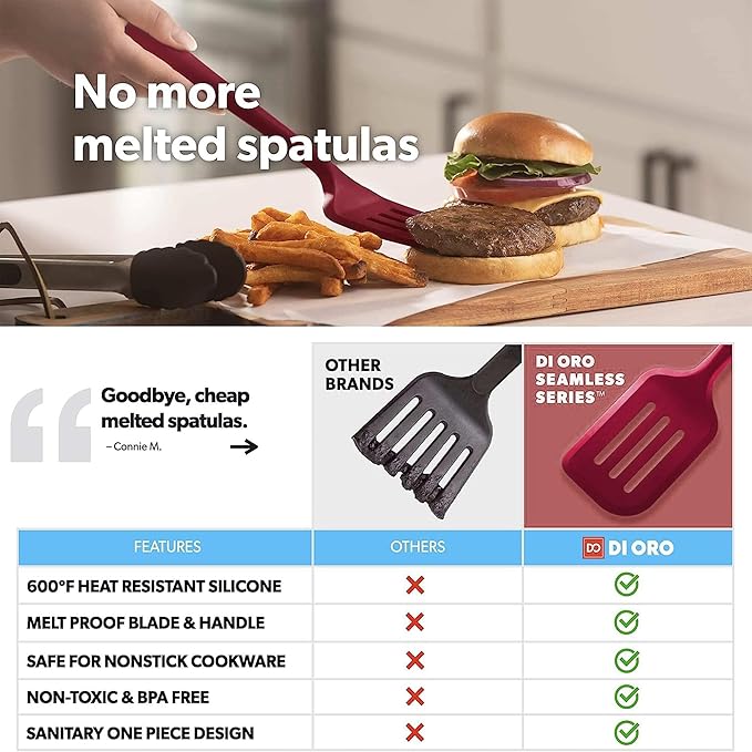 New DI ORO Seamless Series Moda 4-Piece Silicone Turner Spatula Set - 600°F Heat-Resistant Flexible Kitchen Spatulas for Nonstick Cookware - Flippers for Eggs & Pancakes - Utensils for Cooking (Red)