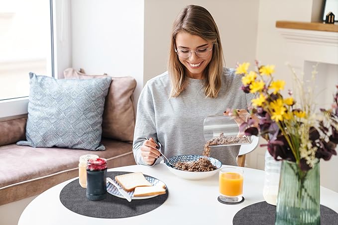 homing Round Faux Leather Placemat and Coaster 4 Packs, Washable Heat Resistant Dining Place Mats, Wipeable Double-Sided Table Mats for Indoor and Outdoor, Diameter 13 and 3.93 inch, Charcoal