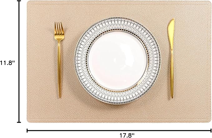 Set of 6 Faux Leather Placemats, PU Table Mats, Waterproof, Stain Resistant, Heat Resistant, Easy to Clean for Kitchen Dining Table,Conference Table C Gold Rectangle