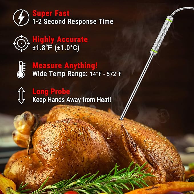 ThermoPro TP17H Digital Meat Thermometer with 4 Temperature Probes, HI/LOW Alarm Smoker Food Thermometer with Colored Backlit LCD, BBQ Thermometer for Cooking Grilling Kitchen Oven Barbecue Turkey