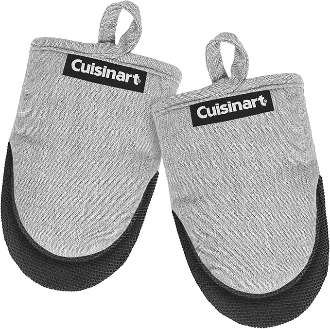 Cuisinart Mini Oven Mitts – 5.5” x 7” Heat-Resistant Kitchen Mitts for Oven with Non-Slip Neoprene Palm, Cotton Filling, and Fabric Loop – Durable Oven Mitt Set for Cooking & Baking (Light Gray)