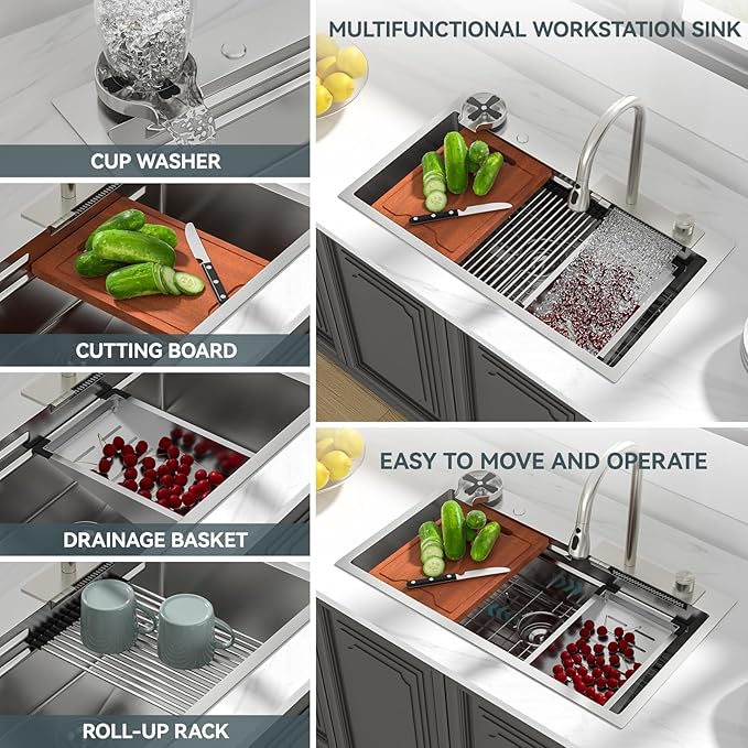 Lordear Waterfall Kitchen Sink 33x19 Inch Drop In Kitchen Sink T304 16 Gauge Stainless Steel Single Bowl Ledge Worktation Kitchen Sinks Handmade Deep Basin, 33"x19"x9"