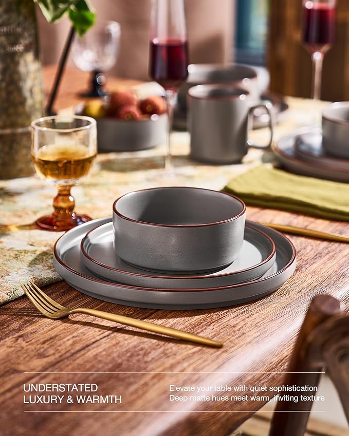 Famiware Nebula Ridge Stoneware Dinnerware Sets for 6, Plates and Bowls Sets, 18 Pieces Dishes Set, Microwave and Dishwasher Safe Kitchen Plates, Dark Gray