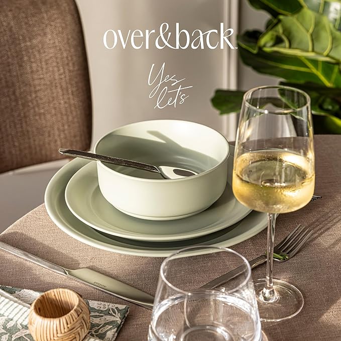 over&back Rim Dinnerware Set - Stoneware Dishes - Comes with 4 Dinner Plates, Salad Plates, Cereal Bowls, and Dinner Bowls - 16-Piece All-Occasion Place Settings - Serves Four - Semi-Matte Sage
