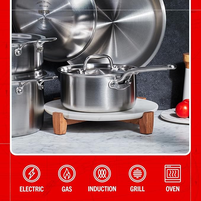Heritage Steel Eater Series 10 Piece Cookware Set | Made in USA | 5 Ply Fully Clad Stainless Steel Cookware Set | Stay Cool Handle | Induction Ready & Non-Toxic