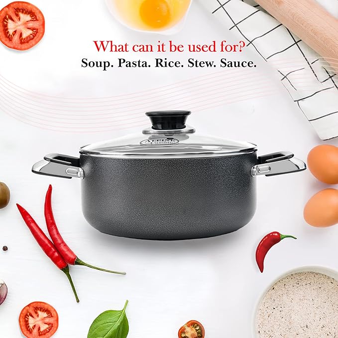 Alpine Cuisine 8.5 Quart Non-stick Stock Pot with Tempered Glass Lid and Carrying Handles, Multi-Purpose Cookware Aluminum Dutch Oven for Braising, Boiling, Stewing