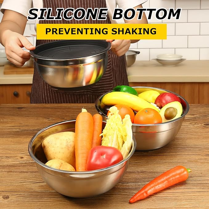 24Pcs Stainless Steel Bowls Set with 6 Airtight Lids & 3 Graters - Premium Non-Slip Base Nesting Mixing Bowls for Food Prep, Serving & Storage