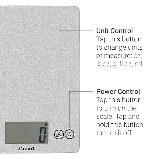 Escali Arti Glass Food Scale Digital Countertop Kitchen, Baking and Cooking Scale with Nutrition and Calorie Counter, 15-Pound Capacity, 9" x 6.5" x .75", Shiny Silver