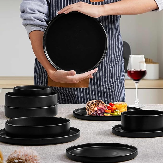Herogo Dinnerware Sets with Pasta Bowls for 6, 24 Piece Dinner Salad Plates and Cereal Serving Bowls, Stoneware Dishes Dinner Ware for Home Kitchen, Dishwasher & Microwave Safe, Matte Black