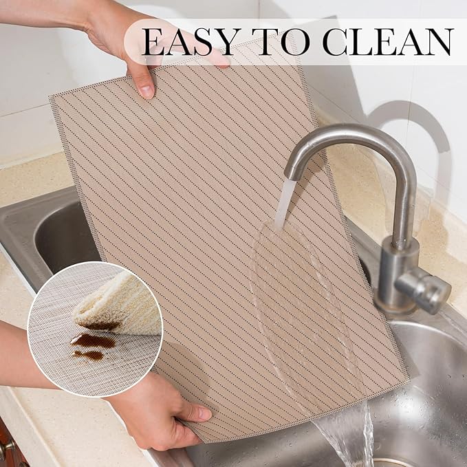 BACKTOEDEN Placemats Set of 12 Heat Resistant Washable Wipeable Placemat Woven Non-Slip Foldable Vinyl/Plastic Place Mats Indoor/Outdoor Mat Kitchen Dining Table Pad, Khaki Twill