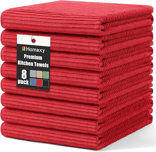 Homaxy Premium Kitchen Towels (18"x 28", 8 Pack), Large 100% Cotton Kitchen Hand Towels, Ultra Absorbent Ribbed Terry Tea Towels Set with Hanging Loop, Red