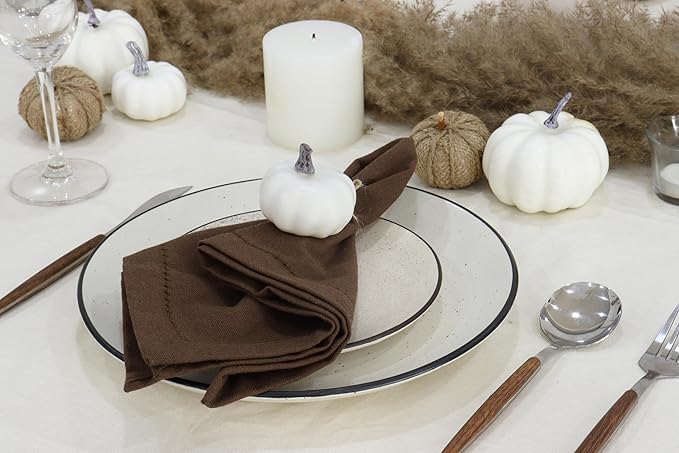 PurpleEssences Set of 12 Hemstitch Cloth Dinner Napkins 100% Cotton - Soft Durable Washable - Ideal for Wedding Christmas Holiday Winter - Perfect Everyday Use Table Linen 18x18 - Nut Brown