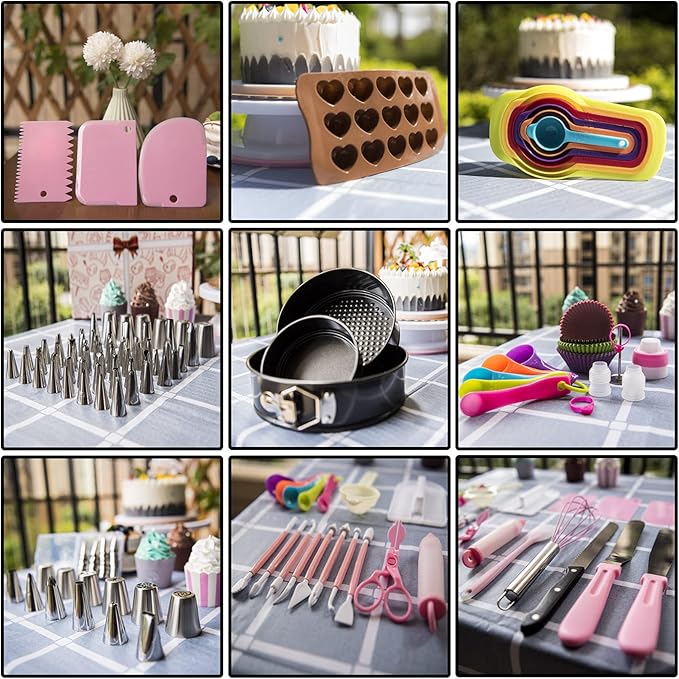 Cake Decorating Supplies Kit 464 Pcs with Non-Slip Cake Turntable and Springform Cake Pans，Icing Piping Tips Set，Chocolate Mould & Muffin Cups，Baking Supplies for Beginners and Cake Lovers