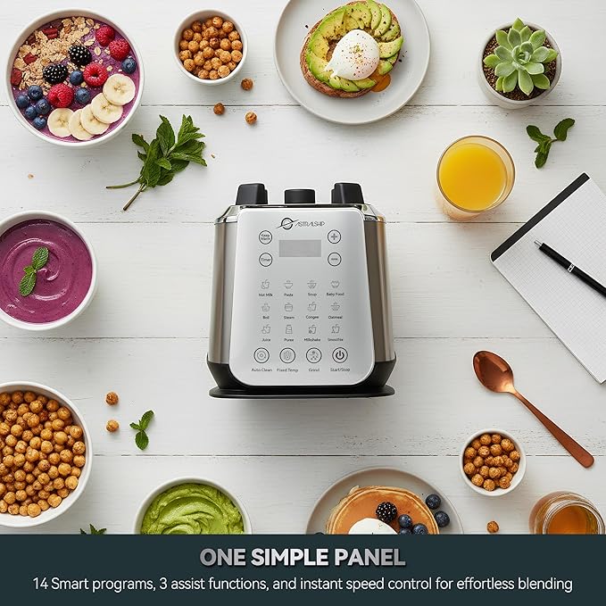 Glass Blenders for Kitchen – Stainless Steel Professional Blender for Smoothies 1500W Motor, Food Processor Combo 9 Adjustable Speeds, 14 Preset Programs, BPA-Free Glass Jar blender, Nut Milk, Soups