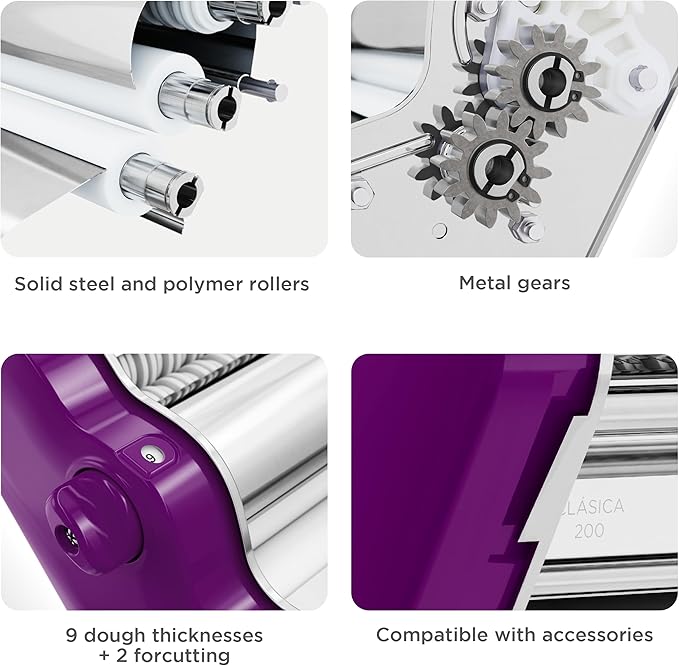 PASTALINDAClassic 200 Pasta Maker Machine, 20 cm Wide Rollers, 9 Thickness Positions, 2 Cutting Positions, Stainless Steel. Includes Reinforced Hand Crank And Two Clamps