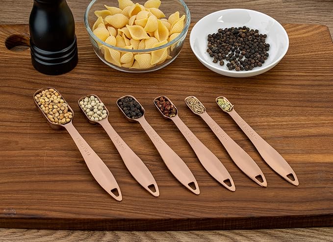 Accurate 18/8 Stainless Steel Measuring Spoons, Heavy Duty Good Handle Set of 6 Measuring Spoon with Ring Connector, Rose Gold