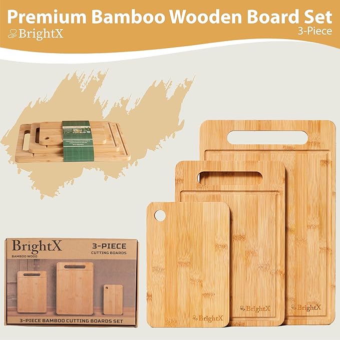 BRIGHTX Premium 3pc Bamboo Cutting Boards for Kitchen - Small, Medium & Large Wooden Cutting Boards for Kitchen | BPA-Free, Dishwasher Safe Cutting Board Set | Best Non-Toxic Wood Cutting Board Set