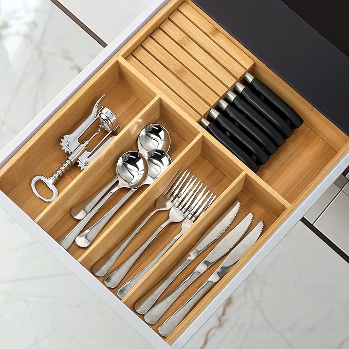 VaeFae Bamboo Silverware Organizer (Non-expandable), Utensil Holder for Drawer, Wooden Cutlery Tray with Divider for Kitchen Drawer, Utensil Organizer with Knife Block