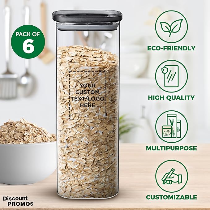 DISCOUNT PROMOS Custom Meridian 71 oz. Glass Storage Jars Set of 6, Personalized Bulk Pack - Durable Kitchen Organization, Home Decor Essentials, Food Storage Solutions - Clear