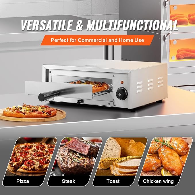 VEVOR Countertop Electric Pizza Oven, 12-inch, 1500W, 122-662℉ Temp Range, Stainless Steel Construction and Easy-to-Clean Crumb Tray, Suitable for Both Commercial and Home Use