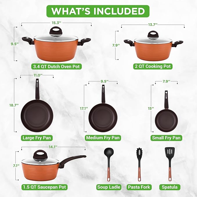 NutriChef Professional 12-Piece Brown Nonstick Cookware - PFOA/PFOS-Free, Heat Resistant Lacquer, Elegant Design, Multi-Sized Pots and Pans