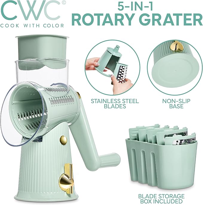 COOK WITH COLOR Rotary Cheese Grater with Handle - Counter Cheese Grater Suction Base with Hand Crank - 5 Blade Cheese Shredder - Easy to Use Manual Vegetable Chopper and Mandolin