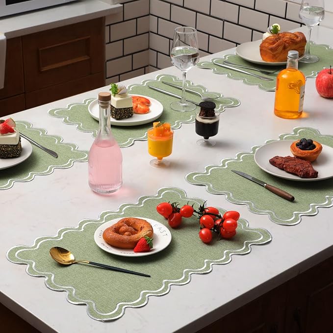 12 Set Linen Placemat 13x19 Wavy Embroidery Scalloped Placemat Double Layered Washable Farmhouse Dinner Table Mat Fabric Napkin for Christmas Hotel Restaurant Wedding Party(Sage Green)