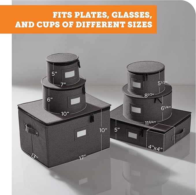 storageLAB China Storage Containers, Hard Shell Case with Felt Dividers for Charger Plates, and Dishes, Ideal for Kitchen Organization, Moving Supplies, and Fine China Storage - 6-Piece Set, Gray