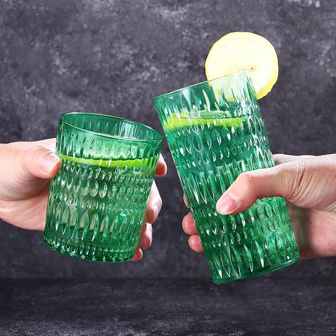 Glassware Drinking Glasses Set of 8, 14 oz Highball Glasses & 10 oz Ribbed Glass Cups, Vintage Glassware for Water, Juice, Cocktail, Whiskey (Atroviens)