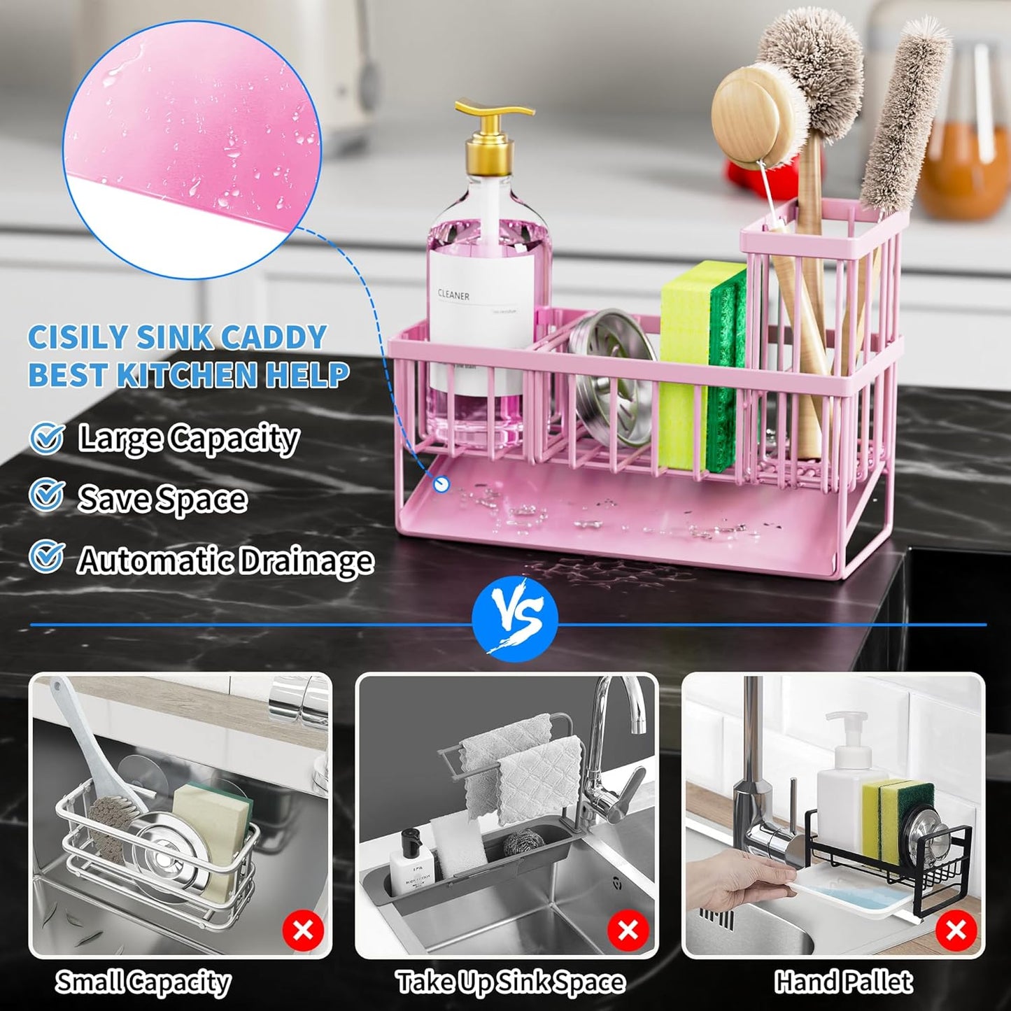 Cisily Pink Kitchen Sink Caddy Organzier with High Brush Holder, Sponge Holder for Sink, 304 Rustproof Stainless, Kitchen Countertop Soap Dispenser Organizer