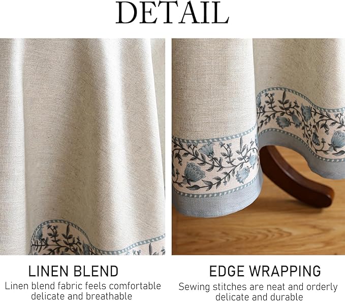 Floral Tablecloth for Round Tables,Linen Table Cloth with Thorny Vine Flower Pattern,Heavy Durable Table Cover for Dining Thanksgiving Kitchen Decor Party Christmas,Diameter 55"