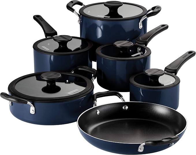 Tramontina Aluminum Non Stick 11-Piece Nesting Pots and Pans Set with Lids - Naval, Kitchen Nonstick Cookware Set, Dishwasher and Oven Safe
