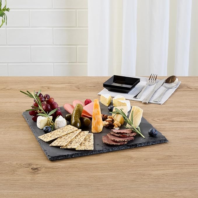 Restaurantware Slate Serving Trays 4 Pack of 12 x 12" Foam Feet Charcuterie Stone Plates Rustic Edges Freezable Black Square Serving Display Cheese Boards for Kitchen, Gourmet, Dining, Parties