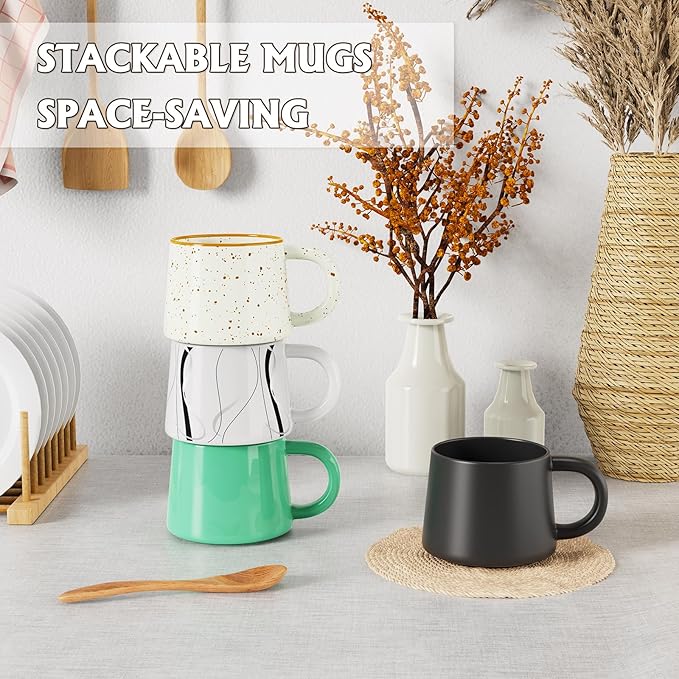 12 oz Coffee Mugs Set of 4, Modern Stackable Coffee Cups Set for Latte, Hot Tea, Cappuccino, Ceramic Coffee Mug Tea Cup, Dishwasher & Microwave Safe, Housewarming Wedding Present (Mixed Color)