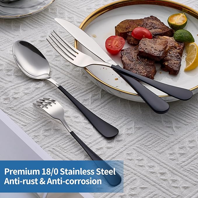 20-Piece Black Silverware Set, 18/0 Stainless Steel Black Handle Flatware Set, Service for 4, Modern Cutlery Set Includes Dinner Knives Forks Spoons, Mirror Polished, Dishwasher Safe