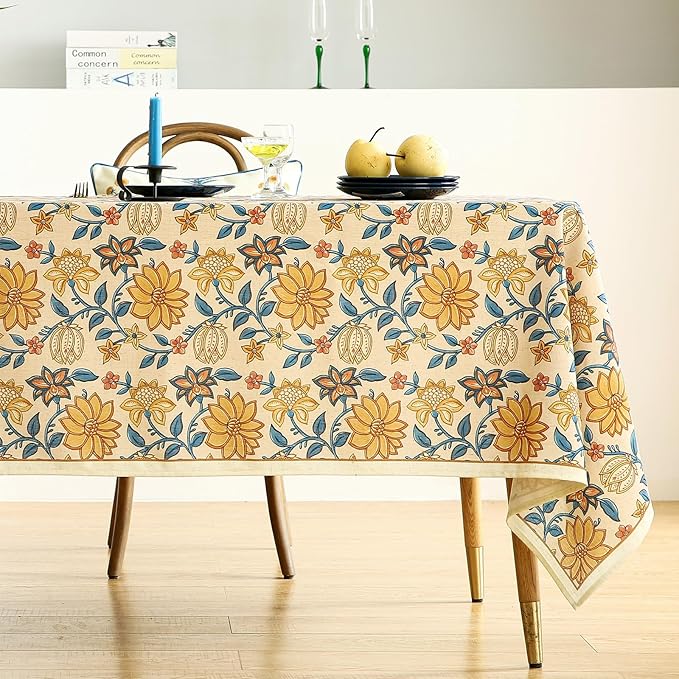 French Tablecloth for Square Tables,Linen Table Cloth with Yellow Flowers Pattern,Heavy Durable Table Cover for Dining Thanksgiving Kitchen Decor Party Christmas,55"*55"