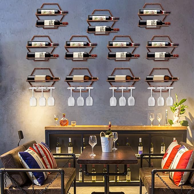 2Pcs Wall Mounted Wine Bottle Rack, Metal Hanging Wine Display Holder Organizer, Red Wine Racks for Home Kitchen Bar Decor Storage (Retro Brown AA)