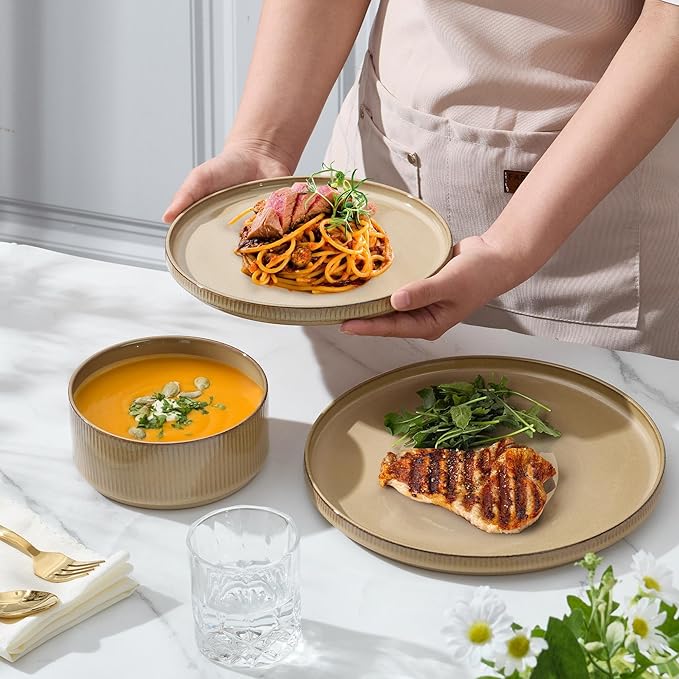 E-far 24-Piece Stoneware Dinnerware Sets, Plates and Bowls Sets for 8, Kitchen Modern Dinning Porcelain Dishes Set, Chip & Scratch Resistant, Dishwasher & Microwave Safe, Caramel Khaki